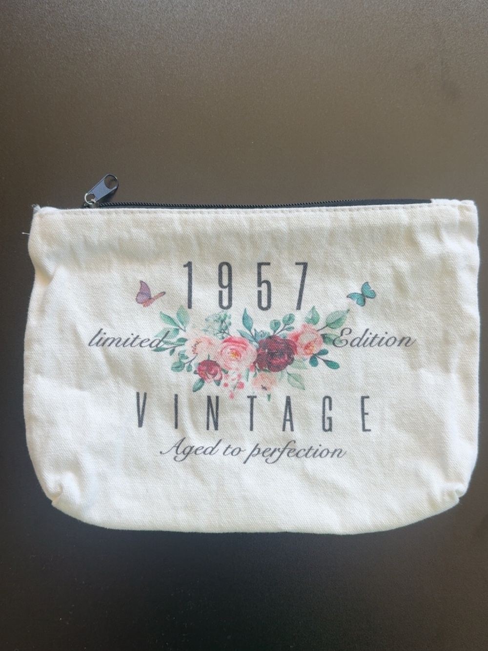 Vintage 1957 Floral Canvas Zip Pouch - white